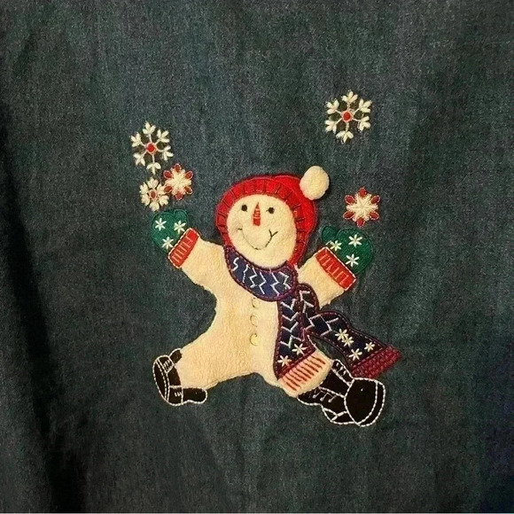 Vintage Ton Trums Denim Button Up Shirt Christmas Tree Snowman Medium - Picture 8 of 11